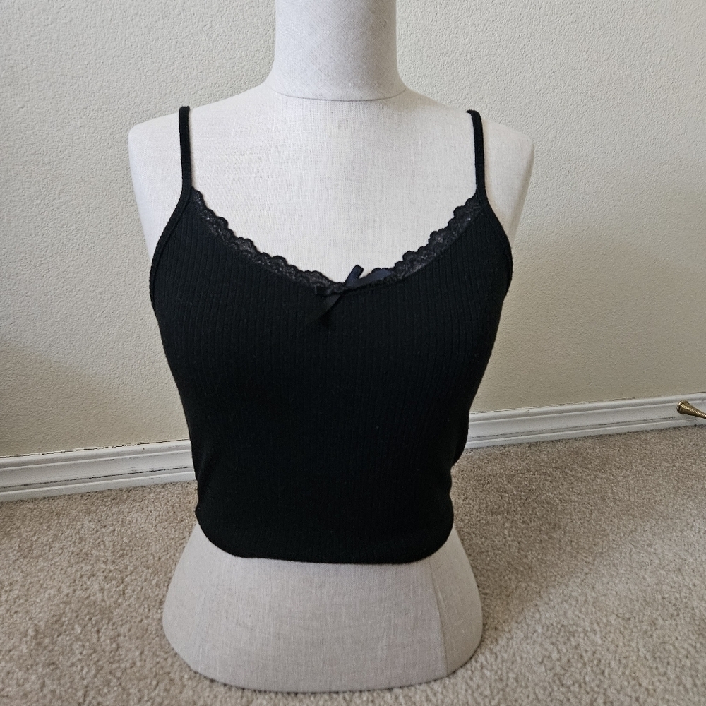 Urban Renewal Remnants Pointelle Lace Trim Bow Tank Top Black Small
